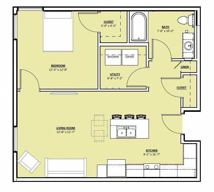 Floor plan for 1 bed, 1 bath, 775 sqft